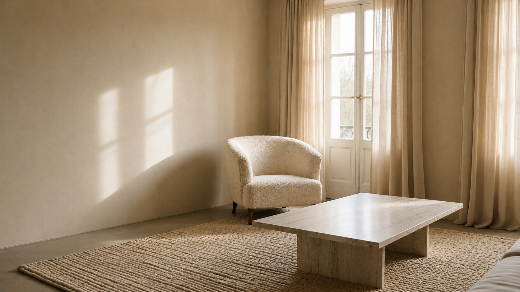 Intérieur en travertin, bouclé et lin